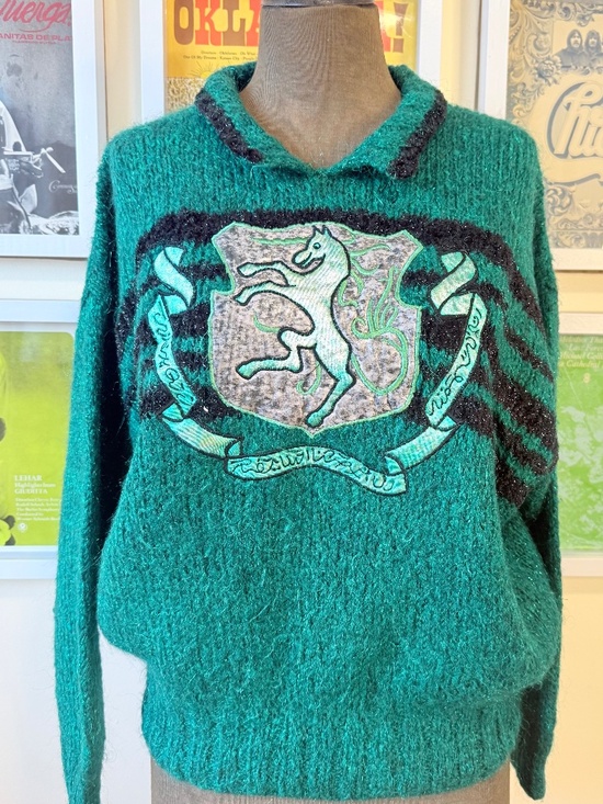 Rossetto Tricot Sweaters - 🐎 Vintage 80s Green Fuzzy Knit Sweater with Heraldic Horse Crest